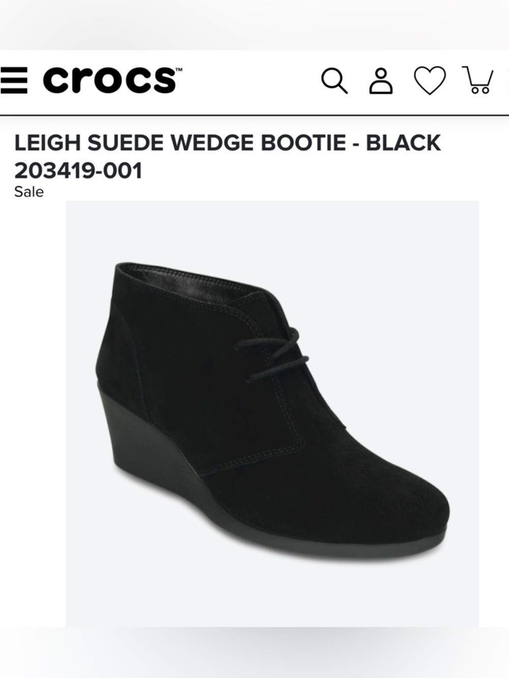 CROCS Leigh Black Suede Wedge Lace Up Ankle Boot